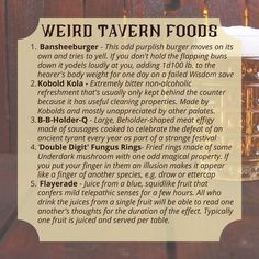 Text post containing suggestions for fantasy foods for Dungeons & Dragons Fantasy Tavern, Fantasy Food, Things To Do In Chicago, Dnd Stories, Dnd Items, Dungeon Master's Guide, Campaign Planning, Dnd Funny, Team Building Exercises