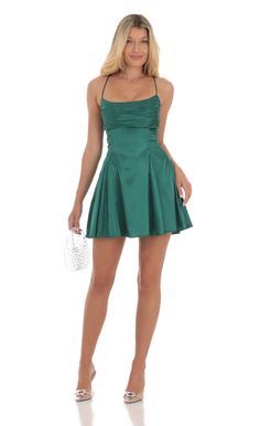 Satin A-Line Dress in Green | LUCY IN THE SKY Forest Green Mini Dress, Silk Hoco Dress Short, Satin Mini Dress With Ruched Bodice In A-line Shape, Satin Mini Dress With Pleated Bodice, Satin Mini Dress With Pleated Bodice For Night Out, Chic Satin Dress With Ruched Back, Chic Green Ruched Satin Dress, Cocktail Satin Mini Dress With Ruched Back, Satin Mini Dress With Back Zipper For Date Night