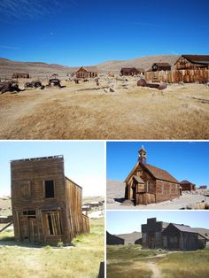 an old wooden building sitting on top of a dry grass field