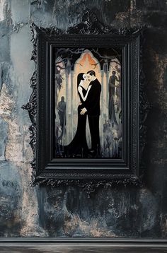 a painting of two people kissing in front of a wall with an ornate frame on it