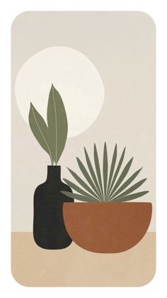 two pots with plants in them sitting on a table next to a white light bulb