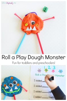 a play dough monster with the words roll a play dough monster on it and an image of