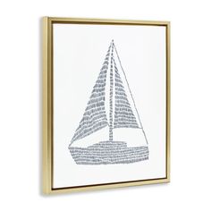 a white and gold framed art print with a sailboat on it's side