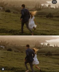 two people are running in the grass