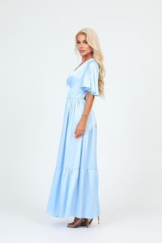 Light Blue Maxi Dress Sleeves, Blue Empire Waist Dress For Formal Occasions, Blue Maxi Length Bridesmaid Dress For Weddings, Blue Empire Waist Maxi Dress For Party, Solid Short Sleeve Dress For Wedding Guest, Blue Empire Waist Wedding Dress, Solid V-neck Dress For Wedding Guest, Blue Maxi Bridesmaid Dress, Light Blue Satin Wedding Dress