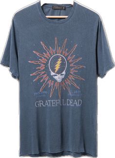 Washed Blue Graphic Tee With Screen Print, Retro Blue Soft-washed T-shirt, Blue Grunge T-shirt With Graphic Print, Blue Grunge Graphic Print T-shirt, Womens Vintage Tees, Dead Band, Steal Your Face, Gift Guide For Him, Food Clothes