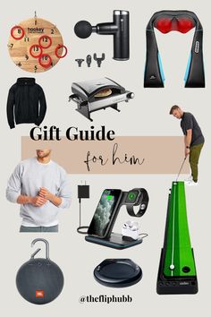 the ultimate gift guide for him is on display in front of a white background with black and