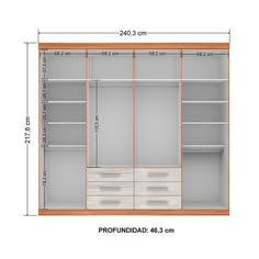 an image of a closet with drawers and shelves in the measurements for each drawer, including two