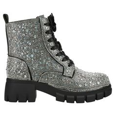 Rock the stage in Corky's Rhinestone Mood Boots. With a statement-making silhouette, these combat boots feature a side zipper detail for ease of entry. Covered in clear rhinestones for an eye-catching look, the boots fit true to size and provide an edgy and fashionable look. Size: 6.  Color: Silver.  Gender: female.  Age Group: adult.