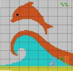 a cross stitch pattern with an orange dolphin on top of a wave and the ocean below it