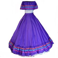 Two-Piece Mexican Dress With Flounces On The Chest And Colored Ribbon, Adjustable Waist, Fits From Size Xs To 2x, Purple Color And Colored Ribbons, Ideal For Any Mexican-Themed Party I Ship The Day Of Your Purchase Or The Next Day In The Morning, So That Your Purchase Arrives Immediately At Your Home Consider Poshmark Gets 20% You Can Create A Bundle And Save Mexican Dance Dress, Mexican Dresses Traditional, Mexican Clothing Style, Mexican Clothing, Traditional Mexican Dress, Striped Jersey Dress, Spanish Dress, Dresses Flowy, Gothic Girl