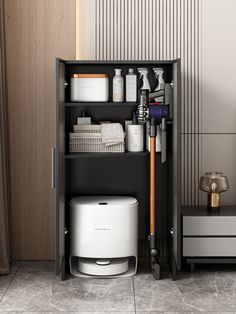 an open cabinet with various items on it and a toilet in the corner next to it