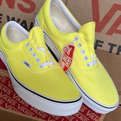 New In The Box Authentic Womens Vans Era Neon Lemon Tonic/True White Sneakers - Athletic Shoes #Skateboarding Yellow Sneakers For Spring Streetwear, Trendy Yellow Sneakers For Summer, Trendy Yellow Summer Sneakers, Trendy Yellow Sneakers For Spring, Yellow Vans Sneakers Sporty Style, Sporty Yellow Vans Sneakers, Vans Yellow Slip-on Sneakers, Yellow Vans Slip-on Sneakers, Vans Yellow Low-top Sneakers