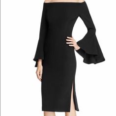 - Black - Off-The-Shoulder - Long Flare Sleeves - Zipper Closure At Back - Fitted - Lined - Self:100% Polyester; Lining: 95% Polyester, 5% Elastane - Cold Hand Wash Separately - Size 4/Xs (Measurements Lying Flat, Please See Pictures For Measurement)(First Two Photos Are Stock, Only Shows Look) - New With Tag, Doesn’t Fit Me Anymore Elegant Fitted Cold Shoulder Dress, Elegant Cold Shoulder Midi Dress For Formal Occasions, Chic Cold Shoulder Formal Dress, Chic Formal Cold Shoulder Dress, Elegant Cold Shoulder Midi Dress For Evening, Fitted Cold Shoulder Off Shoulder Dress For Evening, Elegant Cold Shoulder Midi Dress For Night Out, Fitted Cold Shoulder Formal Dress, Formal Fitted Cold Shoulder Dress