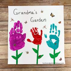 handprinted card for grandma's garden with flowers and bees on the side