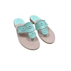 0.62" Heel Height Leather Cork Upper Leather Lining Rubber Sole In new condition Light Blue Flat Flip Flops For Vacation, Light Blue Open Toe Flip Flops For Vacation, Turquoise Round Toe Sandals For The Beach, Turquoise Flip Flops For Beach In Spring, Turquoise Open Toe Flip Flops For Spring, Turquoise Sandals With Removable Insole For Beach, Turquoise Leather Sandals For Summer, Turquoise Flip Flops For Vacation, Turquoise Beach Sandals With Removable Insole