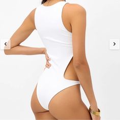 White Beautiful Cutout Suit. Never Worn, New W Tags Chic Sleeveless Bodysuit For Sunbathing, Sleeveless Cutout Bodysuit For Beach Season, Sleeveless Bodysuit With Cutout For Beach Season, Backless Fitted Bodysuit For Beach Party, Fitted Backless Bodysuit For Beach Party, White Triangle Top Bodysuit For Swimming, White Sleeveless Swimwear For Pool, High Cut Beachwear Swimwear For Poolside, Fitted Sleeveless Swimwear For Beach Party