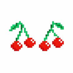 two cherries made out of legos on a white background with green stems and red berries