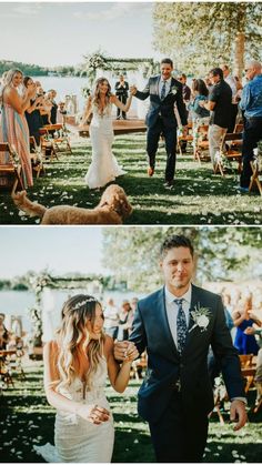 the bride and groom are walking down the aisle