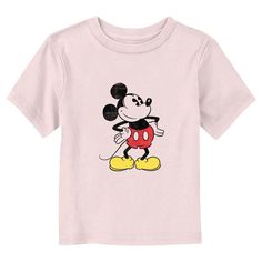 Who knew that dressing "mousey" could be so cute!? Celebrate Walt Disney's most iconic character with this officially licensed Disney Mickey Mouse and Friends Classic Mickey Pose Distressed Toddlers' Graphic T-shirt! This fun tee features the one and only retro Mickey Mouse across the front. Grab some new Mickey and Friends apparel for the youngest member of the family and make your next trip to the Disney parks a memorable one! Playful Cartoon Print T-shirt For Disney Trips, Disney Minnie Mouse Pink T-shirt, Minnie Mouse Short Sleeve T-shirt For Disney Trips, Mickey Mouse Themed Cotton Top, Pink Minnie Mouse T-shirt For Disney Fan Events, Themed Mickey Mouse Cotton Top, Cotton Cartoon Print Tops, Themed Mickey Mouse Short Sleeve T-shirt, Mickey Mouse Themed Short Sleeve T-shirt