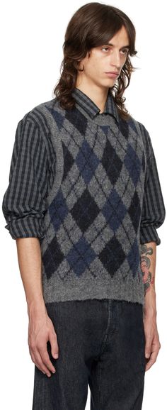 Knit alpaca- and nylon-blend vest. · Jacquard argyle pattern throughout · Rib knit crewneck, hem, and armscyes Supplier color: Soft duke argyle Winter Crew Neck Sweater Vest, Wool Crew Neck Sweater Vest For Fall, Fall Wool Sweater Vest With Crew Neck, Fitted Argyle Sweater Vest For Winter, Gray Crew Neck Sweater Vest For Layering, Formal Vest, Argyle Pattern, Knit Alpaca, Our Legacy