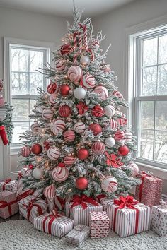 #Christmas Decoration Ideas# White Red And Green Christmas Decor, Around Christmas Tree Decor, Red And White Candy Cane Christmas Tree Ideas, Christmas Tree Decorations White And Red, Christmas Tree In Red And White, Christmas Themes Colors, Classic Red And White Christmas Decor, Christmas Tree Corner Decor, Ideas For Christmas Decorations House