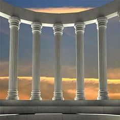 an arch with four pillars in front of a cloudy sky