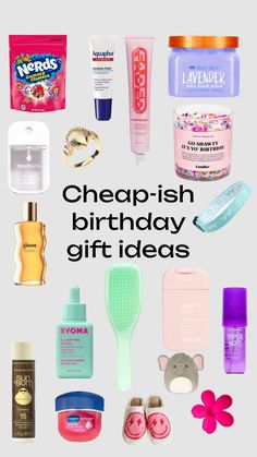 the words cheap - ish birthday gift ideas are surrounded by various products and items