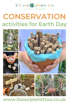 an advertisement for conservation activities for earth day with images of plants and rocks in pots