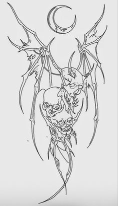 a black and white drawing of a demon with two bats on it's back