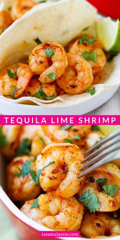 two pictures of shrimp tacos with lime and cilantro garnishes