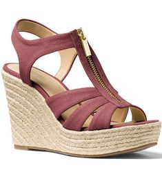 New with box Michael Kors berkley platform Color: light berry sorbet  feature: Zip up a T-strap silhouette atop the fresh espadrille platform heel on the caged Berkley wedges by Michael Michael Kors. 4" espadrille wedge heel; 1" platform Round-toe T-strap slingback espadrille platform wedge sandals with front zipper closure fabric uppers; rubber sole Authenticity 100% Guaranteed! Please bid with confidence, all our items are from Michael Kors retail stores, Coach retail stores or fine depar Spring T-strap Platform Wedge Sandals, Casual T-strap Wedge Sandals For Spring, Michael Kors Summer Sandals, Casual Michael Kors Wedge Sandals, Michael Kors Heels With Heel Strap For Summer, Michael Kors Closed Toe Sandals For Spring, Michael Kors Wedge Heel Sandals For Spring, Michael Kors Spring Sandals, Spring Michael Kors Synthetic Sandals