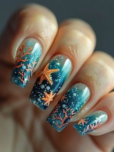 Dive Into 35 Starfish Nail Art Design Ideas Sea Shell Nails Designs, Beach Nail Designs Ocean, Sea Turtle Nail Art, Underwater Nails, Sea Inspired Nails, Aquatic Nails, Ocean Themed Nails, Cruise Nails Caribbean, Nails For Cruise