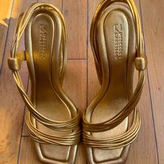 The Color Is Gold And The Size Is Us Size 9. The Fit Is True Size. The Foot Bed Is Cushioned/Padded. The Heel Is 4 Inches And The Material Is 100% Leather Shoes Have Not Been Worn Outside. They Have Only Been Tried On Indoors. Designer Gold Sandals With Square Toe, Foot Bed, Cushion Pads, Leather Shoes, Shoes Women Heels, Shoes Heels, Women Shoes, Sandals, Heels