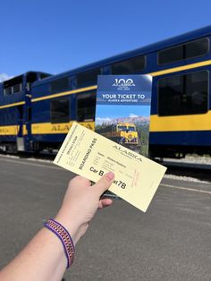 a person holding up two tickets in front of a blue and yellow train on the tracks