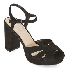 Complement your outfit with this pair of women�s Garcelle platform sandals from Pop for a fun night out. These faux suede heels have a strappy toe design and a gold-tone ankle-buckle fastening.Closure Type: BucklePlatform Shoe Height: 1 InchShoe Heel Height: 4 InchesUpper/Outer Base Material: 100% PolyuretheneSole Material Content: 100% Thermoplastic-RubberToe Type: Open Toe, Peep ToeShoe Strap Type: Ankle StrapHeel Style: Block HeelCountry of Origin: Imported Jeans And Top, Jellypop Shoes, Home Feeling, Platform Shoe, Round Toe Shoes, Fancy Shoes, Kitten Heel Pumps, Chunky Block Heels, Open Toe Shoes