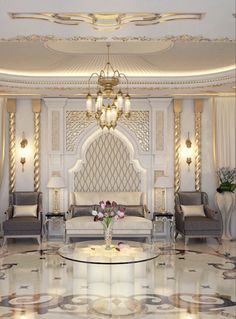 a fancy living room with white furniture and chandelier hanging from the ceiling, surrounded by marble flooring