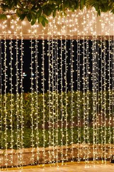 some lights hanging from the side of a building in front of trees and bushes at night