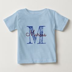 Monogrammed custom baby name baby boy tee to customize. Hand sketched initial and script name in dark blue and burgundy lettering on a blue tee. Add your baby's name and initial. Personalized Blue Cotton Tops, Personalized Blue Short Sleeve Tops, Blue Cotton Shirt With Name Print, Casual Blue T-shirt With Letter Embroidery, Blue Name Print T-shirt For Summer, Personalized Blue T-shirt For Birthday, Blue Monogram Cotton Tops, Blue T-shirt With Name Print For Birthday, Name Baby Boy