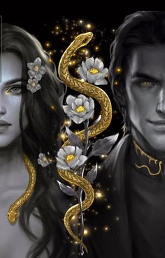 a man and woman in black are next to each other with gold snakes on their backs