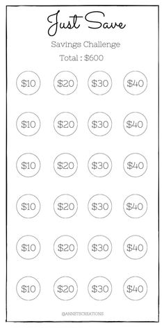 a printable savings sheet with the words, just save saving challenge total $ 600