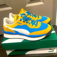 Puma Style Rider Stream On New Sz 7.5 Men / 9.5 Women Brand New! W/Box Platinum Blue & Yellow Spectra Comfortable Yellow Running Shoes With Rubber Waffle Outsoles For Sports, Yellow Running Shoes With Rubber Waffle Outsoles, Yellow Sporty Sneakers With Puma Logo, Yellow Low-top Puma Sneakers, Sporty Yellow Sneakers With Puma Logo, Sporty Yellow Puma Sneakers, Yellow Lace-up Puma Sneakers, Yellow Puma Running Sneakers, Yellow Puma Sneakers For Running