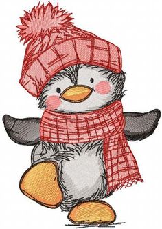 a penguin wearing a red hat and scarf with a pom - pom on it's head