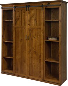 a large wooden cabinet with two doors and shelves on one side, an open bookcase to the other