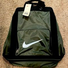 Nike Backpack/Bag With Zippered Bottom Section New With Tags Approximately 20” (H) X 17” (W) Bag Is Great For The An Athlete With Separate Storage Section For Shoes; Main Section/Large Capacity To Fit Books, Clothes, Etc. Drawstring Top To Close Bag Nylon Tote Backpack For School, Nylon School Tote Backpack, Sporty Standard Backpack For School, Green Sports Bag With Zipper Pocket, Functional Nike Bag For Back To School, Nike Backpack With Zipper Closure, Nike Travel Backpack With Zipper Closure, Sports Bags With Zipper Closure, Sporty Bags With Zipper Closure For Back To School