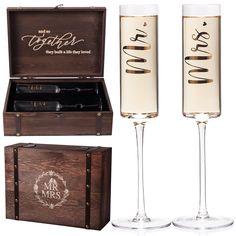 two champagne flutes in wooden boxes with the names mr and mrs written on them