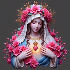 a statue of the virgin mary holding a heart surrounded by pink flowers