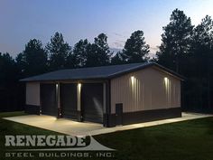 two garages are lit up at night in front of some trees and grass with the words renocade steel buildings, inc