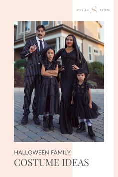 The Addams Family costume for mom, dad and 2 girls Men In Black Family Costume, Family Of Four Costumes Halloween, Family Costumes For Four, Halloween Family Of 4 Costumes, Addams Family Costume, Family Of Four Halloween Costumes, Family Costume Ideas, Family Of 5 Halloween Costumes