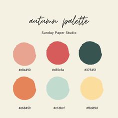 the autumn palette for sunday paper studio, with different colors and font on each side